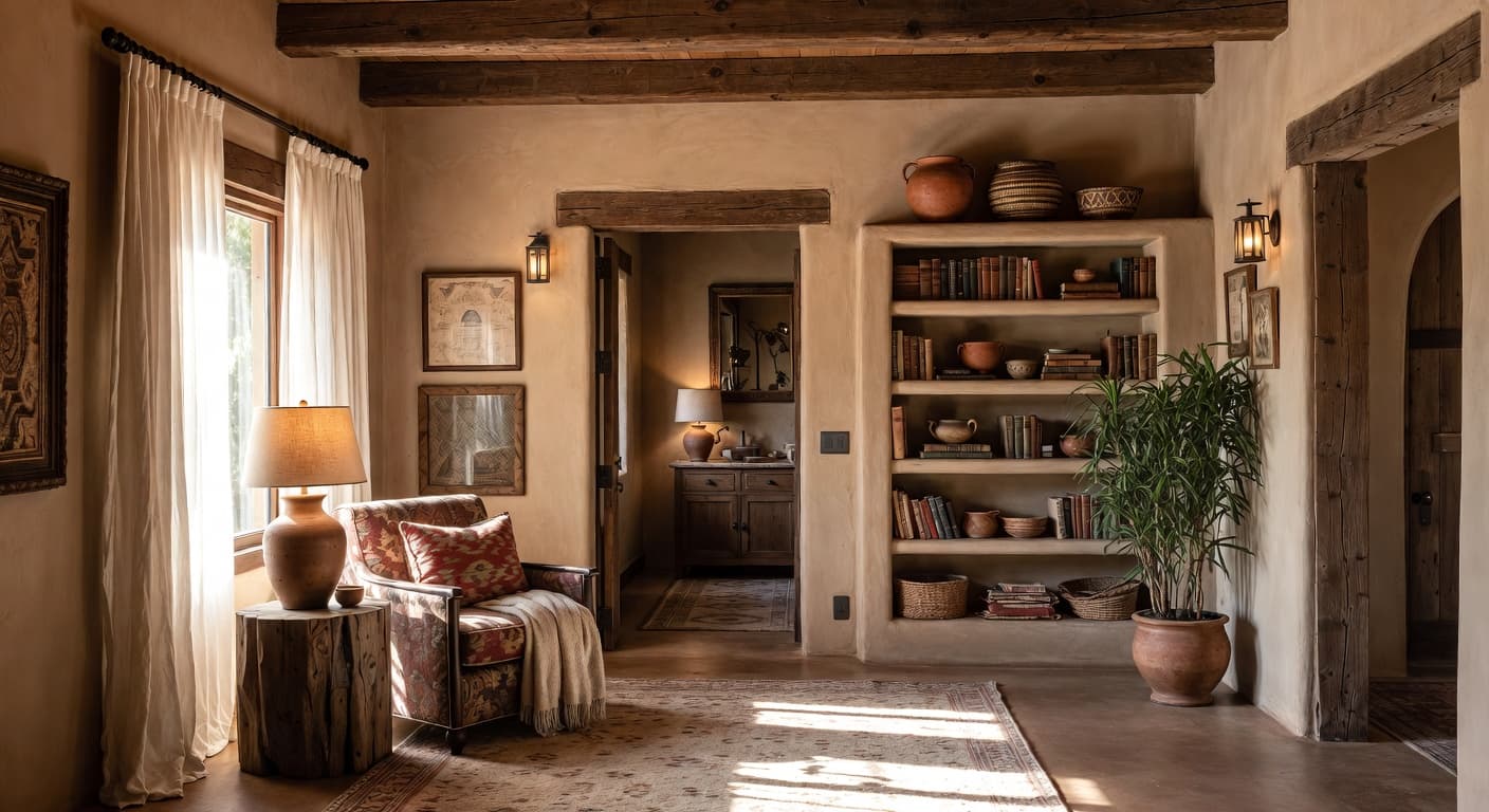 Southwestern reading nook interior design - featuring southwestern style furniture, decor, colors, and layout ideas for your reading nook