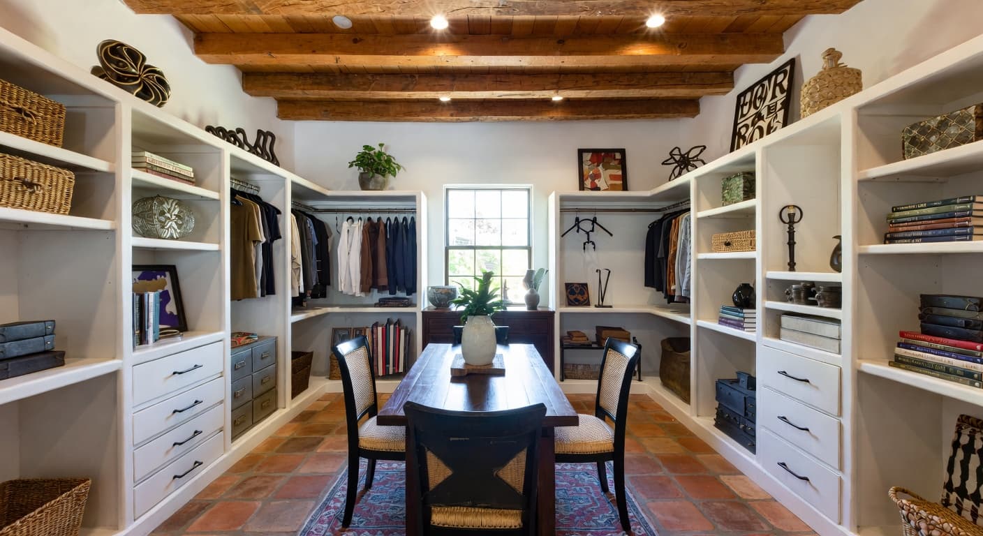 Southwestern storage room interior design - featuring southwestern style furniture, decor, colors, and layout ideas for your storage room