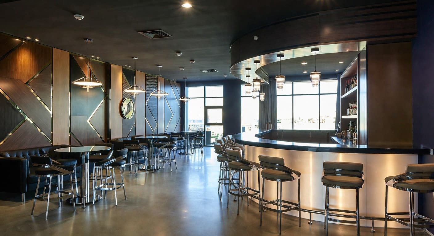 Space Age bar room interior design - featuring space age style furniture, decor, colors, and layout ideas for your bar room