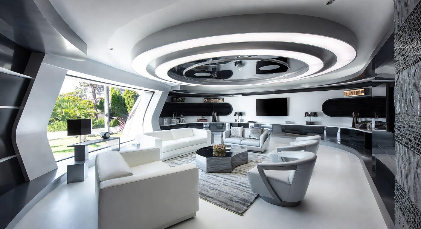 Space Age basement interior design - featuring space age style furniture, decor, colors, and layout ideas for your basement