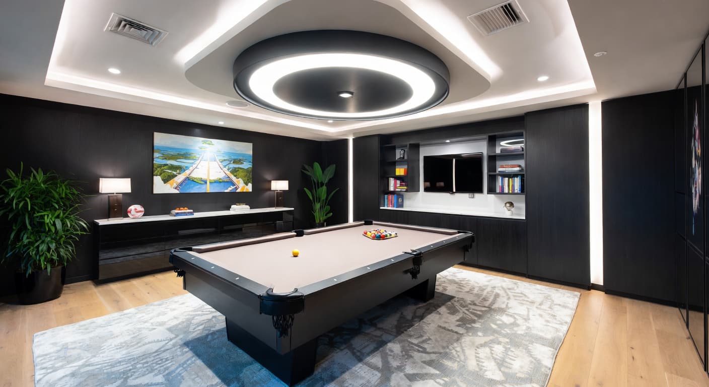 Space Age billiards room interior design - featuring space age style furniture, decor, colors, and layout ideas for your billiards room