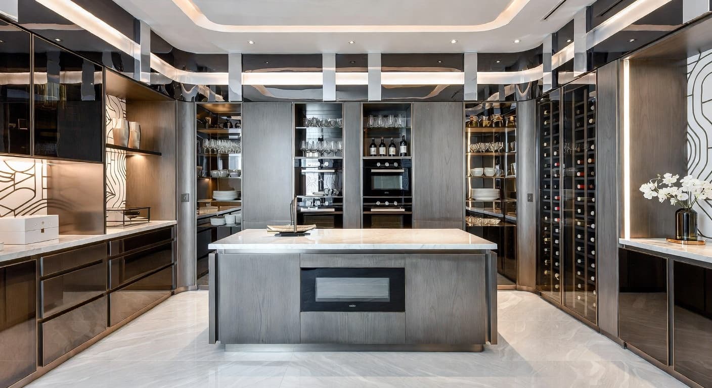 Space Age butler's pantry interior design - featuring space age style furniture, decor, colors, and layout ideas for your butler's pantry