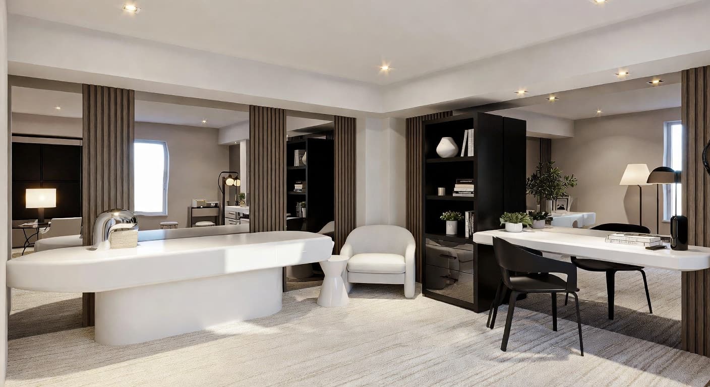 Space Age craft room / studio interior design - featuring space age style furniture, decor, colors, and layout ideas for your craft room / studio