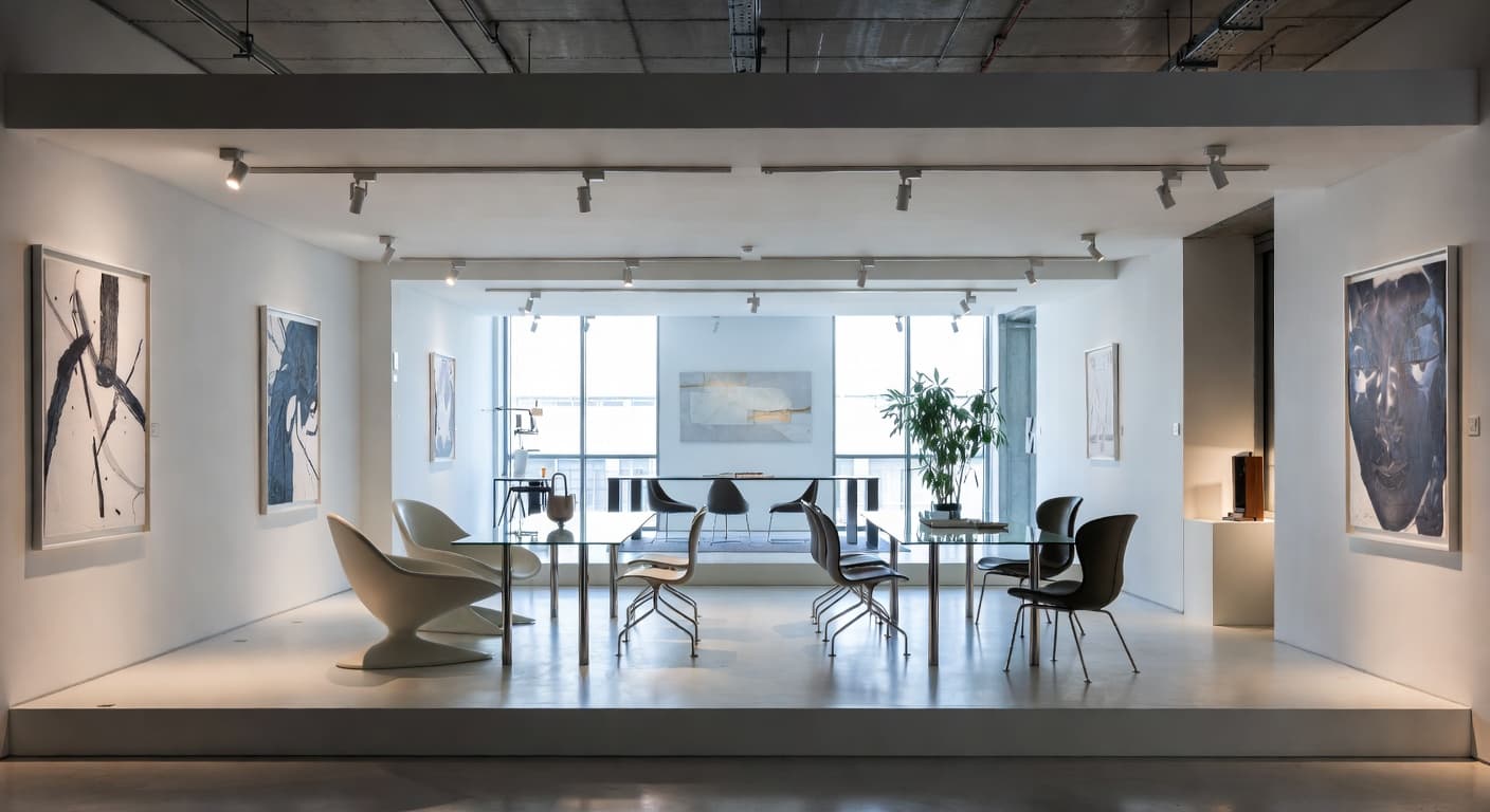 Space Age gallery / art display interior design - featuring space age style furniture, decor, colors, and layout ideas for your gallery / art display