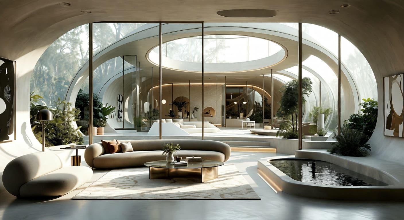 Space Age greenhouse interior design - featuring space age style furniture, decor, colors, and layout ideas for your greenhouse