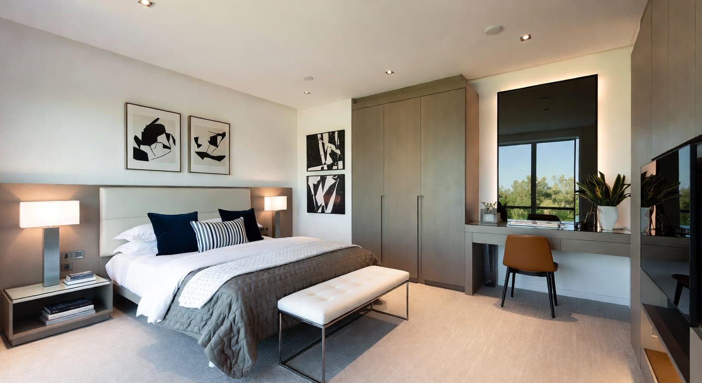 Space Age guest room interior design - featuring space age style furniture, decor, colors, and layout ideas for your guest room