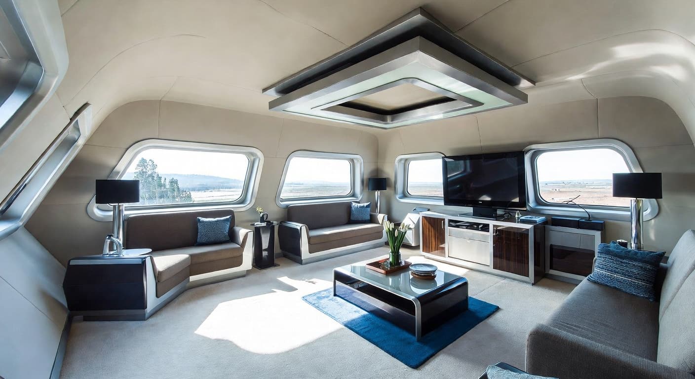 Space Age meditation space interior design - featuring space age style furniture, decor, colors, and layout ideas for your meditation space