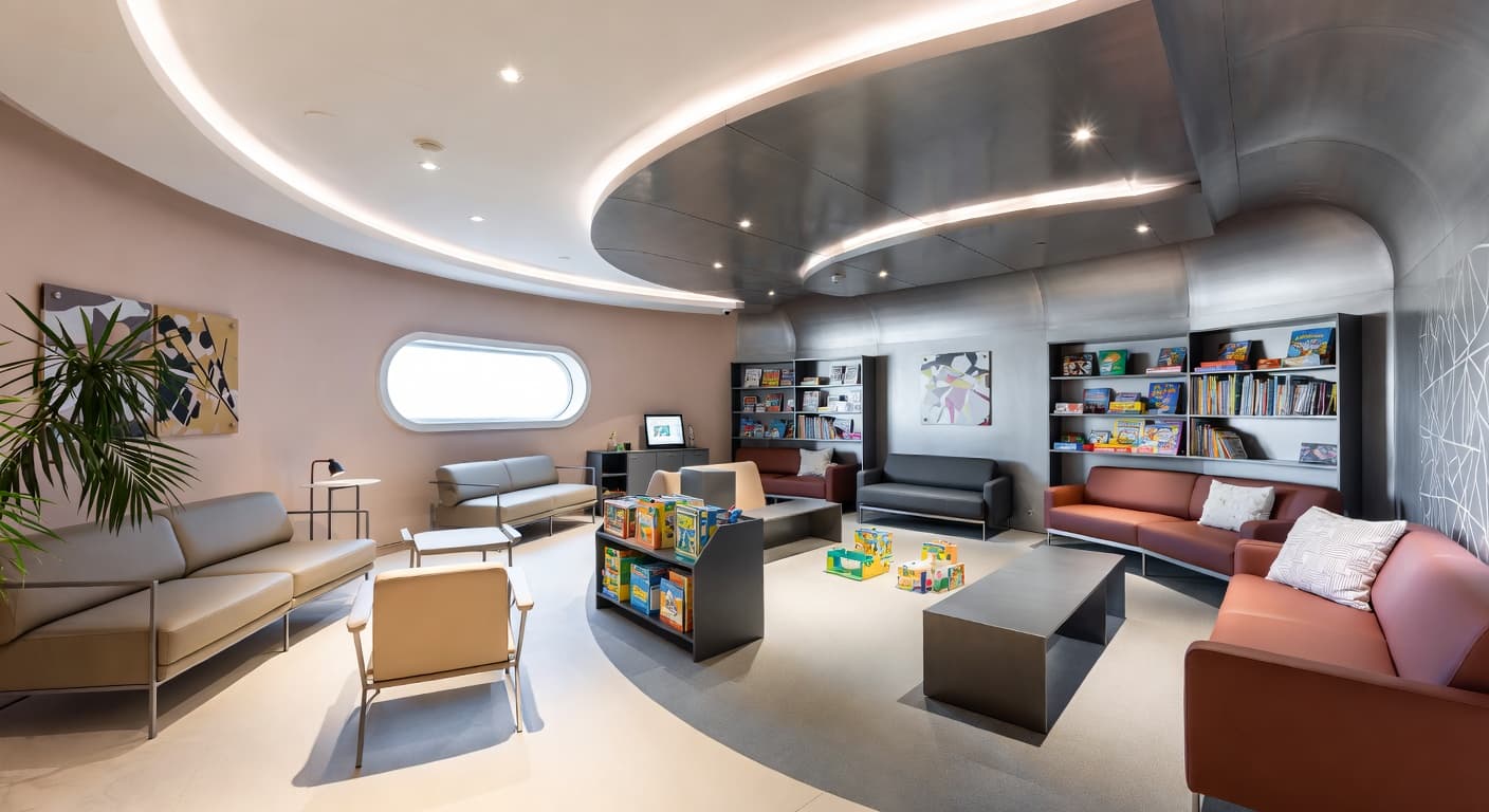 Space Age playroom interior design - featuring space age style furniture, decor, colors, and layout ideas for your playroom