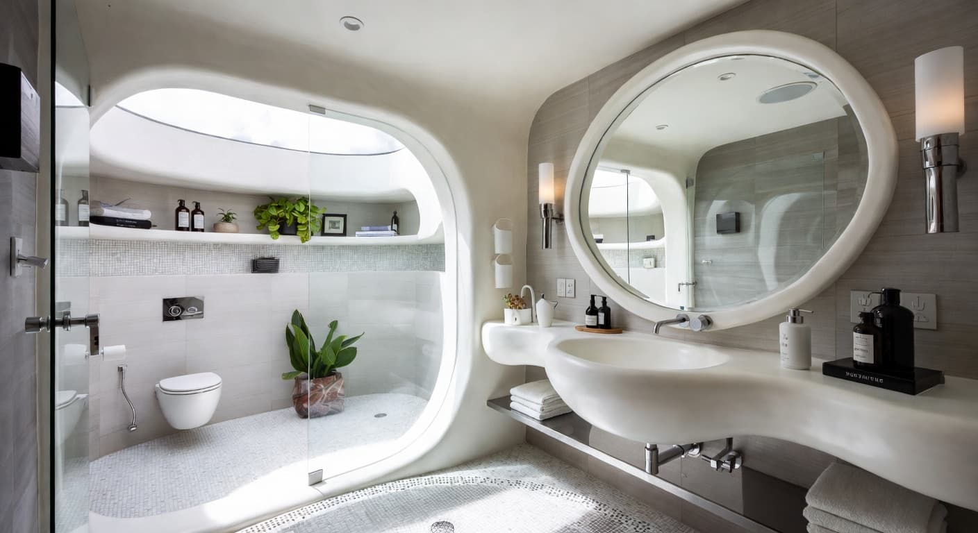Space Age powder room interior design - featuring space age style furniture, decor, colors, and layout ideas for your powder room