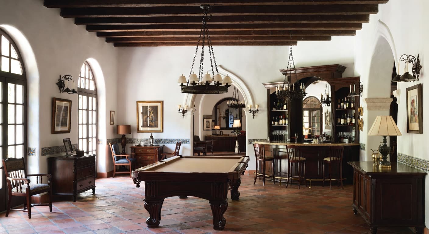 Spanish Colonial billiards room interior design - featuring spanish colonial style furniture, decor, colors, and layout ideas for your billiards room