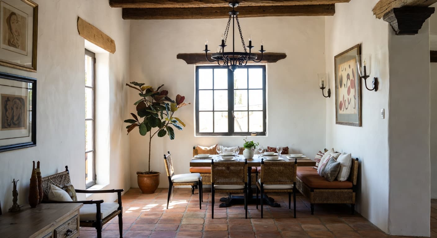 Spanish Colonial breakfast nook interior design - featuring spanish colonial style furniture, decor, colors, and layout ideas for your breakfast nook