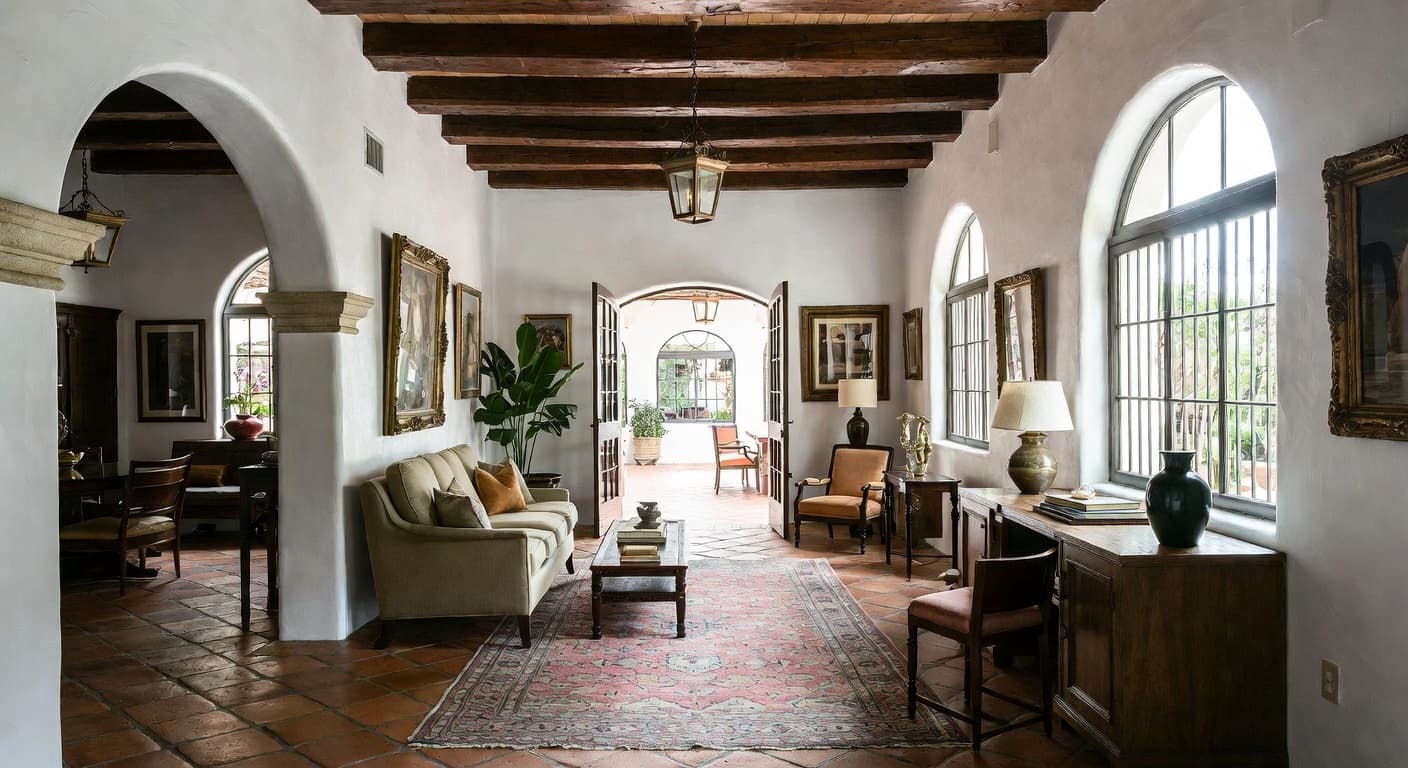 Spanish Colonial entryway interior design - featuring spanish colonial style furniture, decor, colors, and layout ideas for your entryway