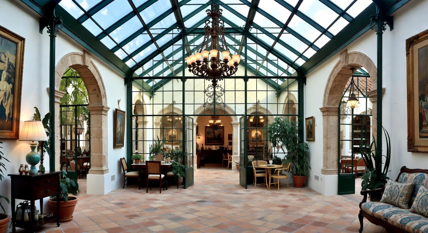 Spanish Colonial greenhouse interior design - featuring spanish colonial style furniture, decor, colors, and layout ideas for your greenhouse