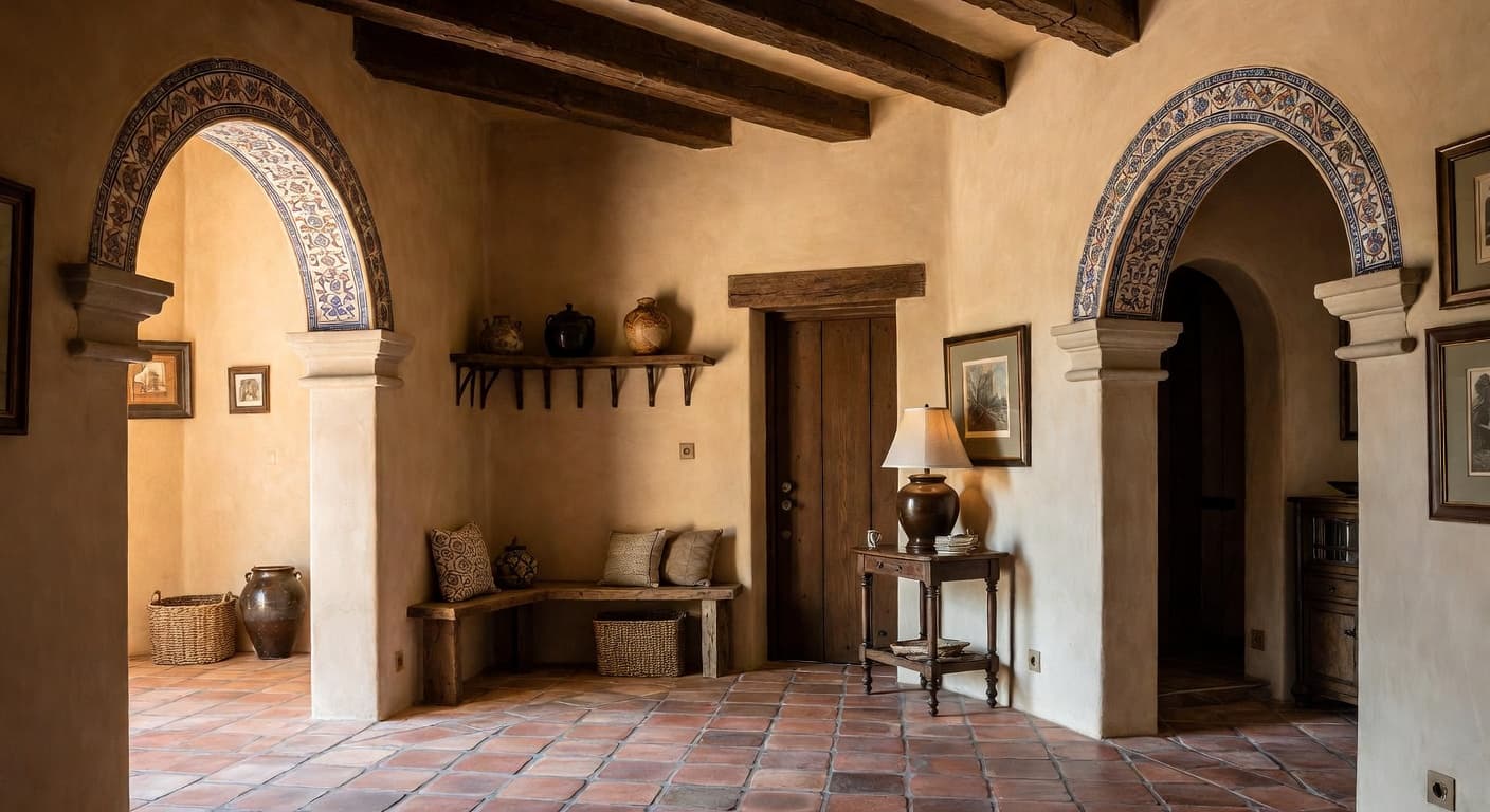 Spanish Colonial mudroom interior design - featuring spanish colonial style furniture, decor, colors, and layout ideas for your mudroom