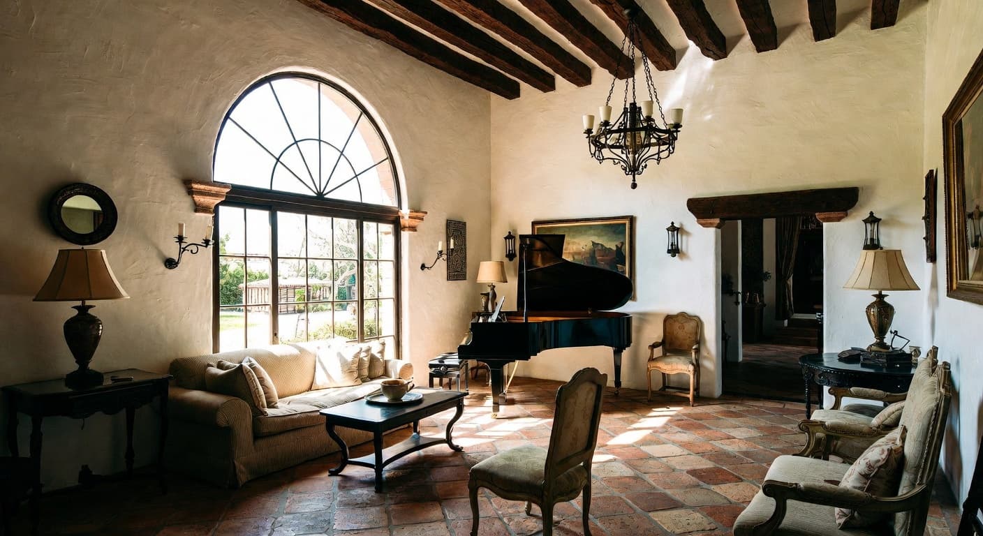 Spanish Colonial music room interior design - featuring spanish colonial style furniture, decor, colors, and layout ideas for your music room