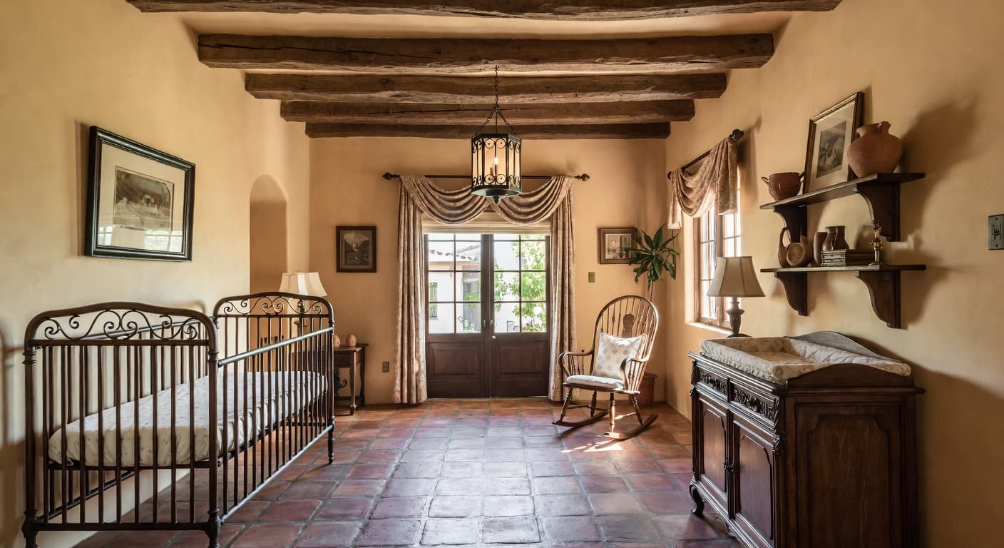 Spanish Colonial nursery interior design - featuring spanish colonial style furniture, decor, colors, and layout ideas for your nursery