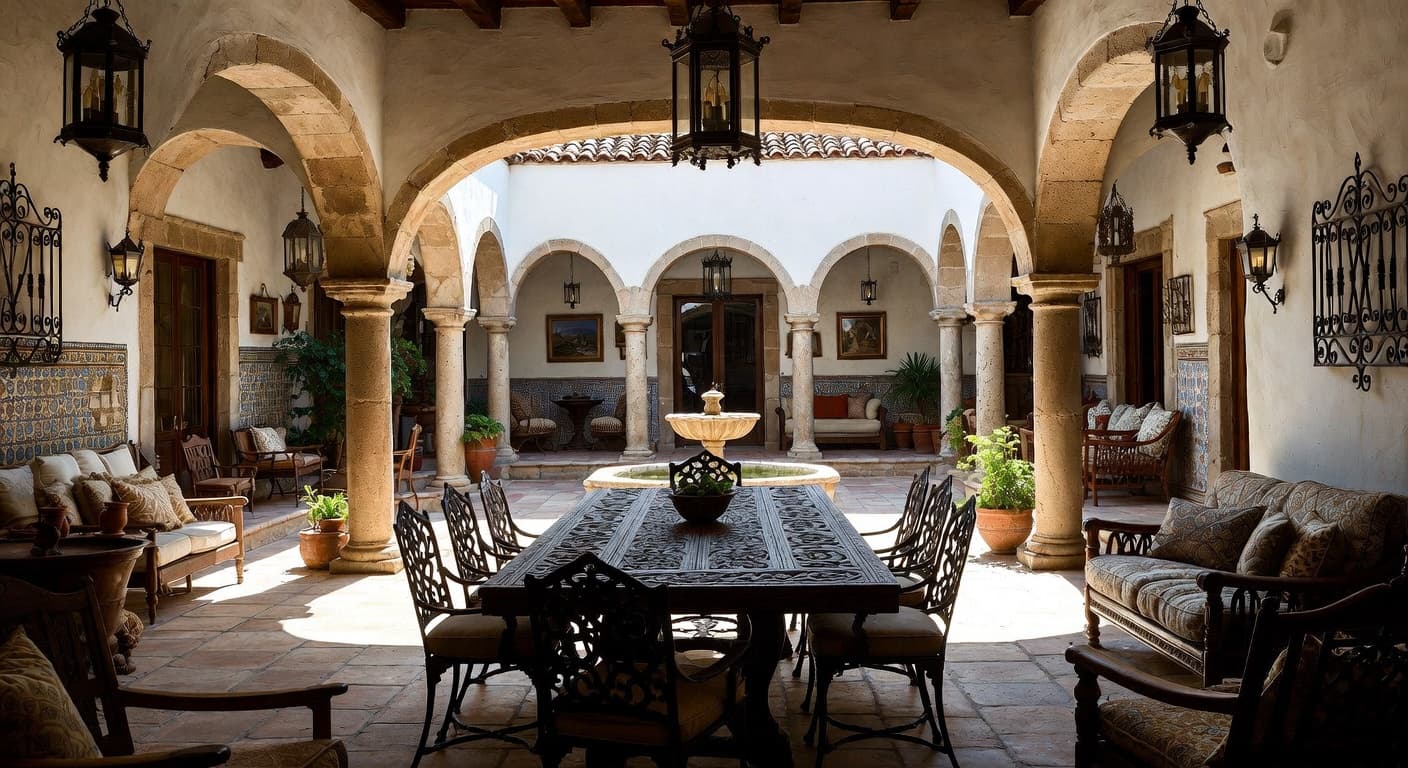 Spanish Colonial outdoor space interior design - featuring spanish colonial style furniture, decor, colors, and layout ideas for your outdoor space
