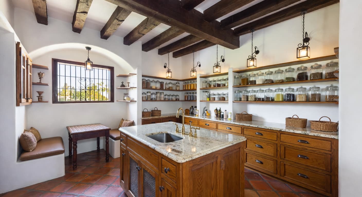 Spanish Colonial pantry interior design - featuring spanish colonial style furniture, decor, colors, and layout ideas for your pantry