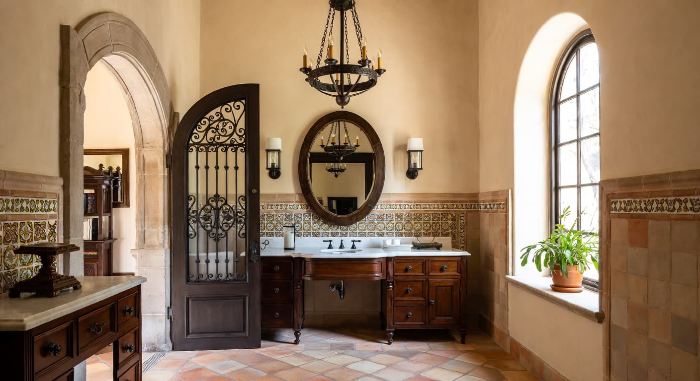 Spanish Colonial powder room interior design - featuring spanish colonial style furniture, decor, colors, and layout ideas for your powder room