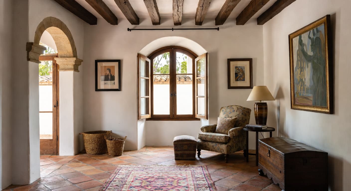 Spanish Colonial reading nook interior design - featuring spanish colonial style furniture, decor, colors, and layout ideas for your reading nook