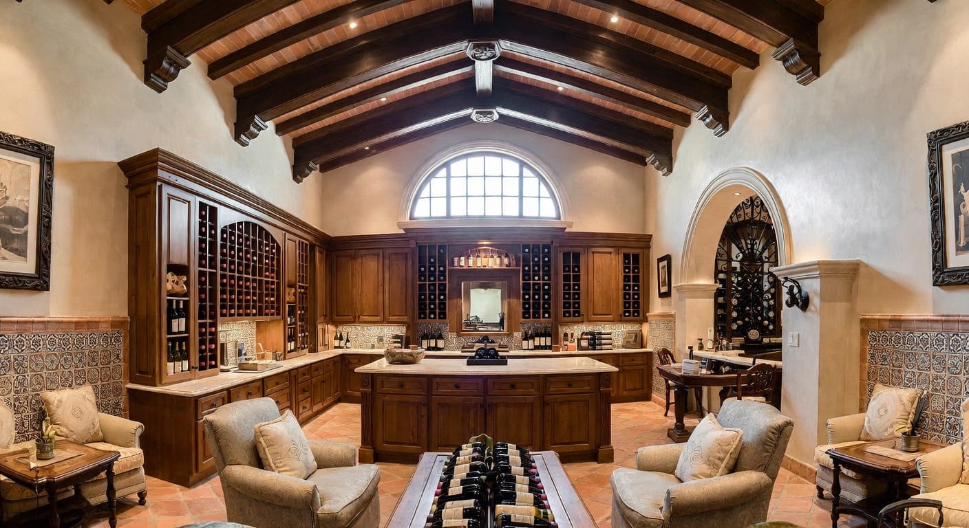 Spanish Colonial wine cellar interior design - featuring spanish colonial style furniture, decor, colors, and layout ideas for your wine cellar