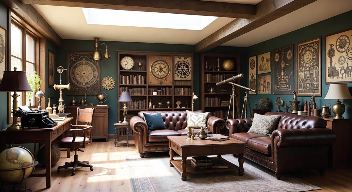 Steampunk basement interior design - featuring steampunk style furniture, decor, colors, and layout ideas for your basement
