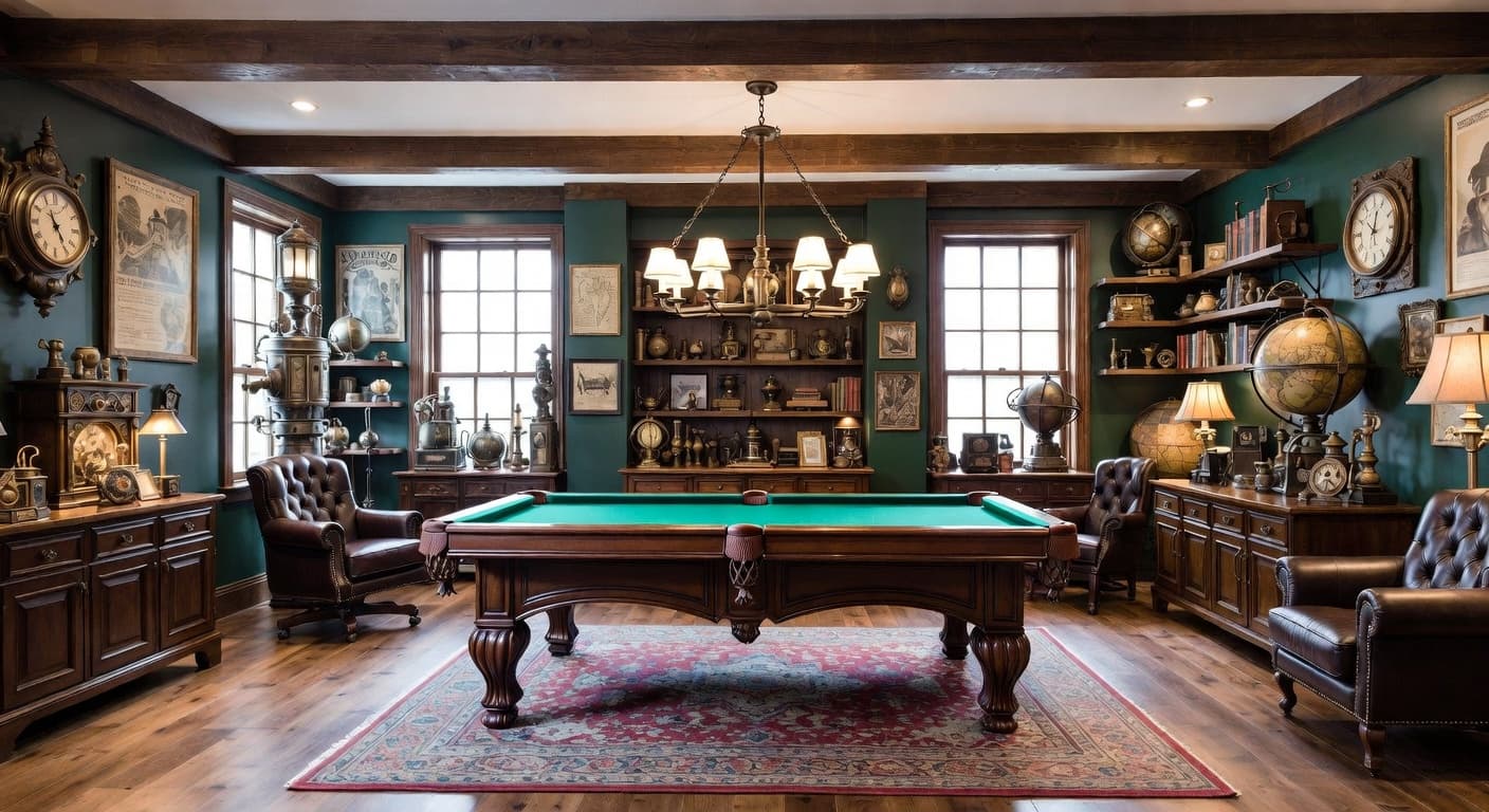 Steampunk billiards room interior design - featuring steampunk style furniture, decor, colors, and layout ideas for your billiards room
