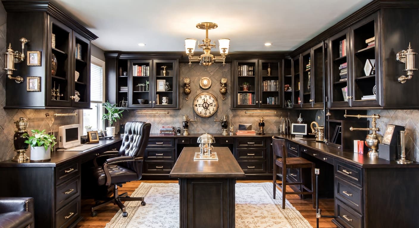 Steampunk craft room / studio interior design - featuring steampunk style furniture, decor, colors, and layout ideas for your craft room / studio