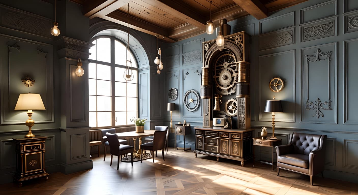 Steampunk entryway interior design - featuring steampunk style furniture, decor, colors, and layout ideas for your entryway