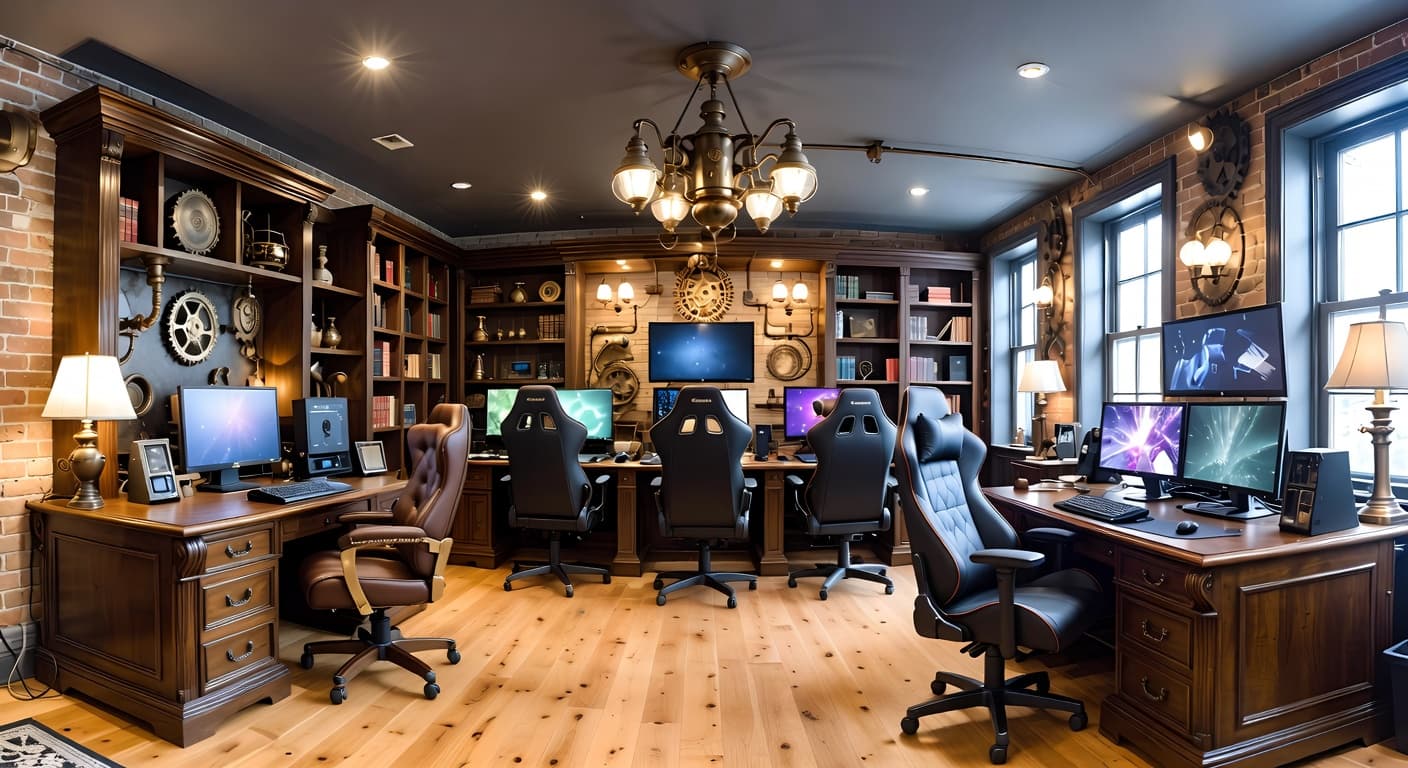 Steampunk game room interior design - featuring steampunk style furniture, decor, colors, and layout ideas for your game room