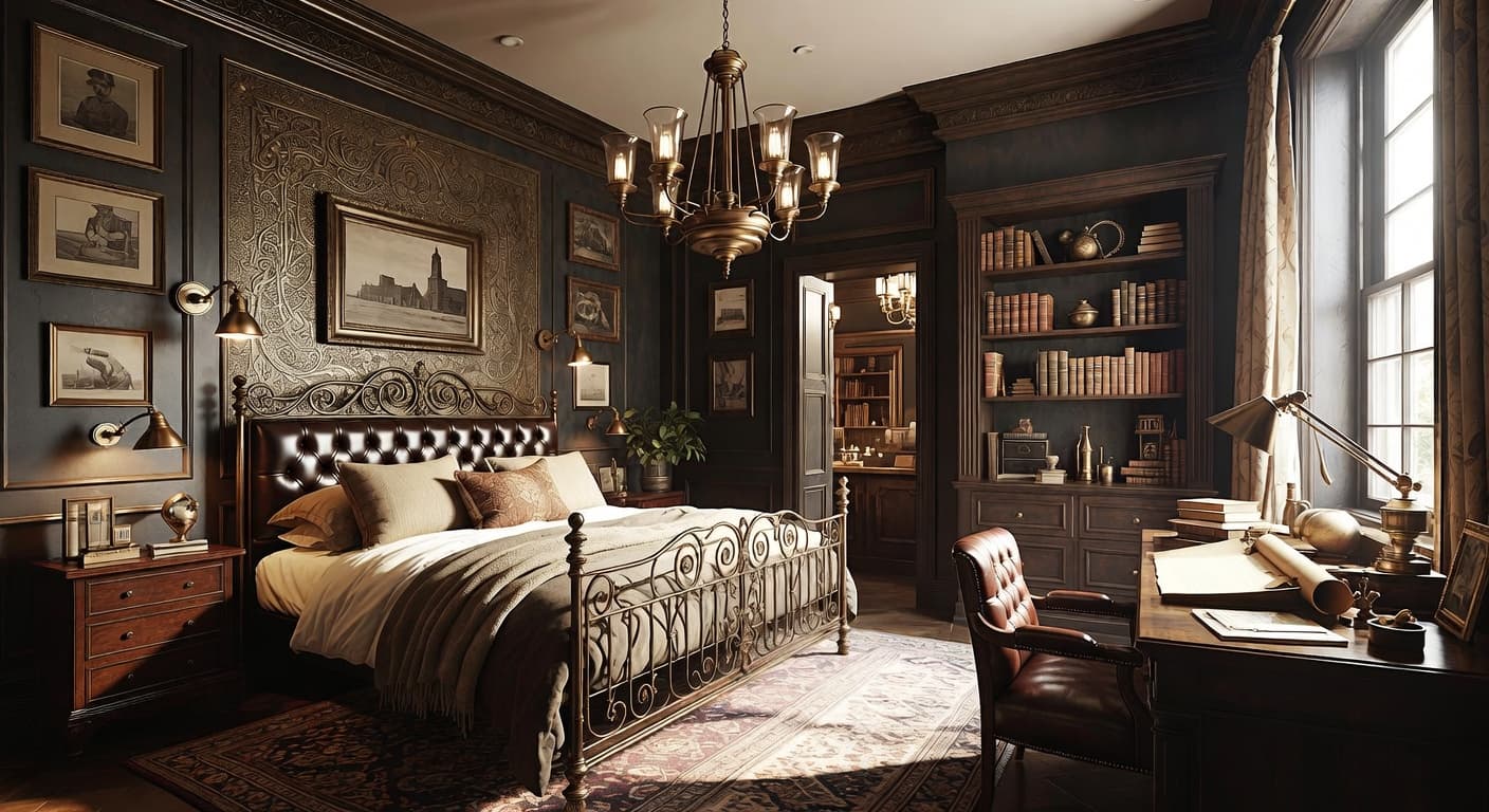 Steampunk guest room interior design - featuring steampunk style furniture, decor, colors, and layout ideas for your guest room