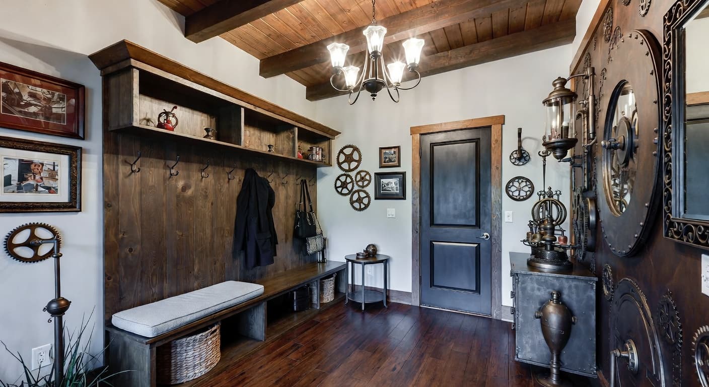 Steampunk mudroom interior design - featuring steampunk style furniture, decor, colors, and layout ideas for your mudroom