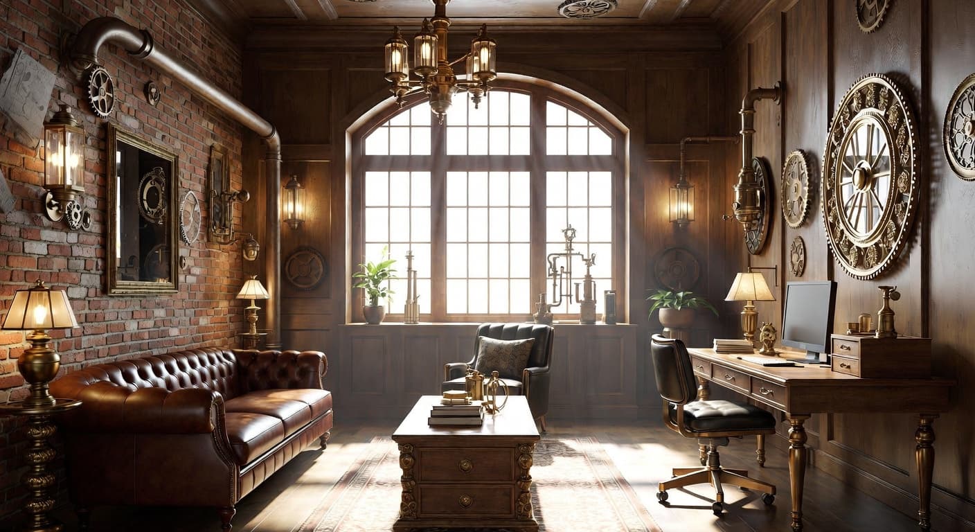 Steampunk multi-purpose room interior design - featuring steampunk style furniture, decor, colors, and layout ideas for your multi-purpose room