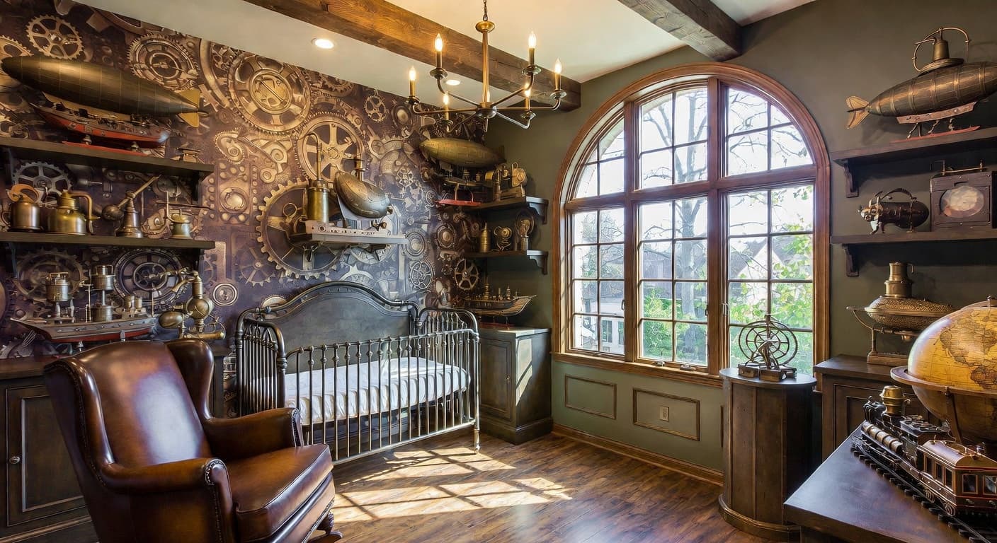 Steampunk nursery interior design - featuring steampunk style furniture, decor, colors, and layout ideas for your nursery