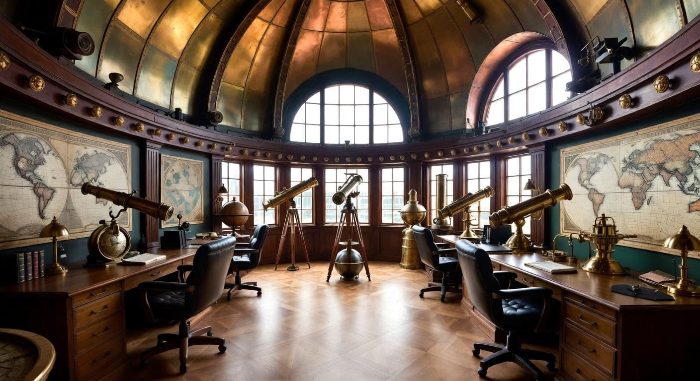 Steampunk observatory interior design - featuring steampunk style furniture, decor, colors, and layout ideas for your observatory