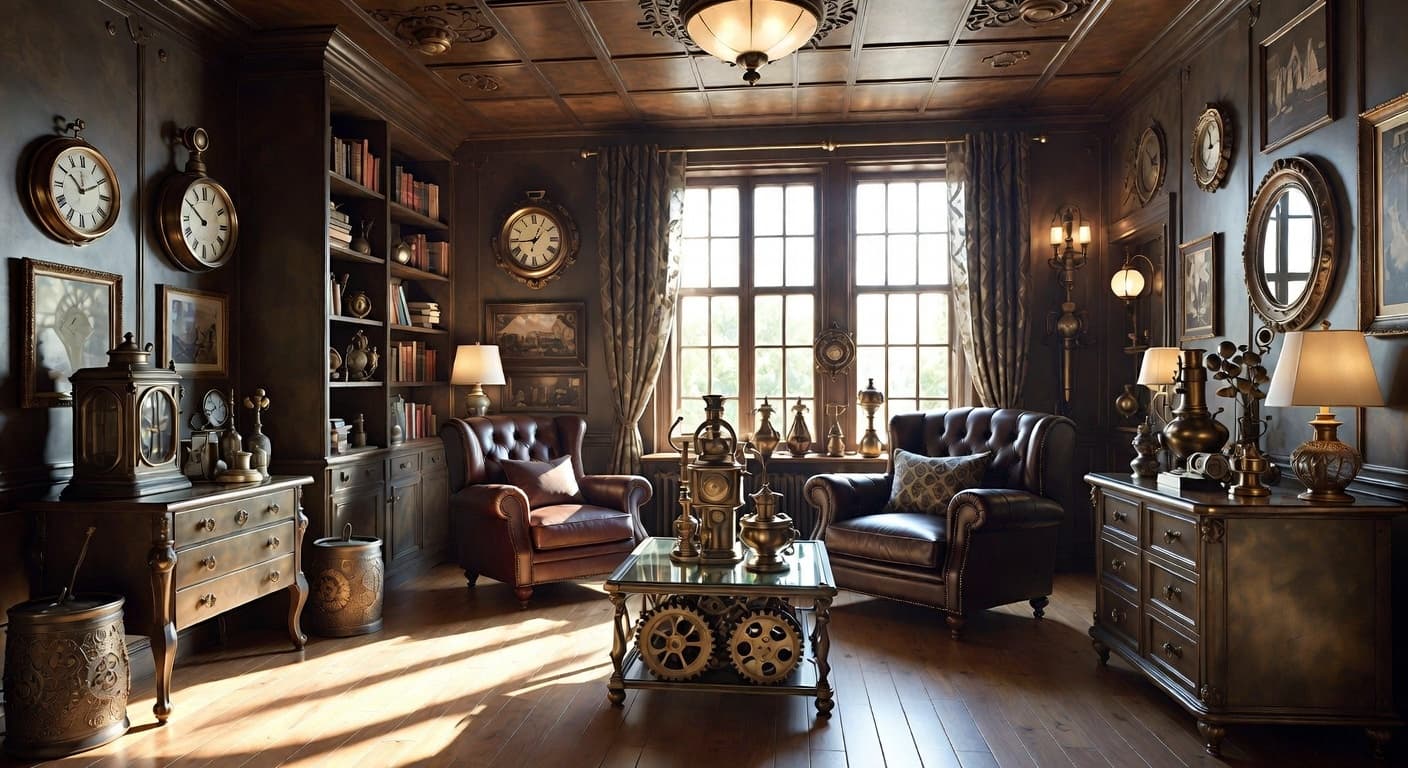Steampunk pet room interior design - featuring steampunk style furniture, decor, colors, and layout ideas for your pet room