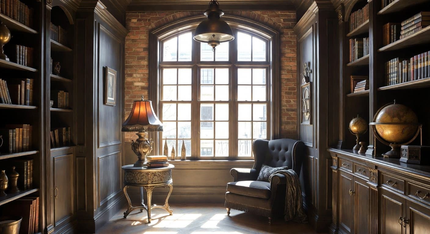 Steampunk reading nook interior design - featuring steampunk style furniture, decor, colors, and layout ideas for your reading nook