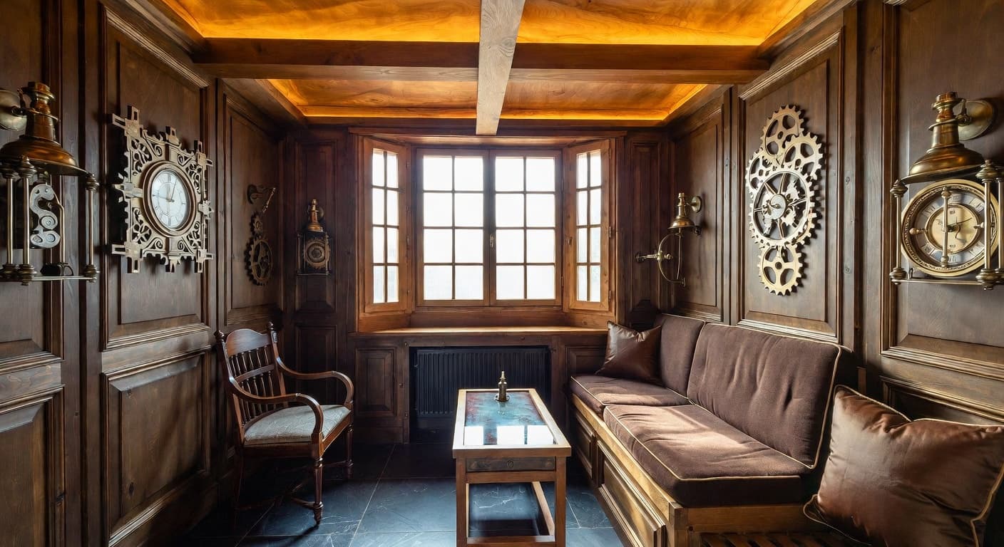 Steampunk sauna / spa room interior design - featuring steampunk style furniture, decor, colors, and layout ideas for your sauna / spa room