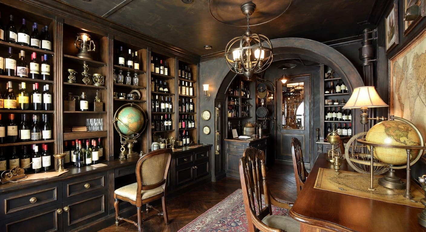 Steampunk wine cellar interior design - featuring steampunk style furniture, decor, colors, and layout ideas for your wine cellar