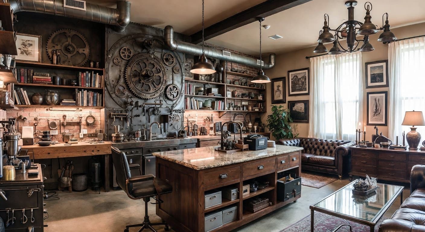 Steampunk workshop interior design - featuring steampunk style furniture, decor, colors, and layout ideas for your workshop