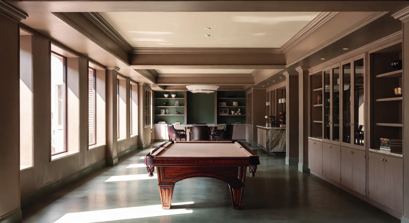Streamline Moderne billiards room interior design - featuring streamline moderne style furniture, decor, colors, and layout ideas for your billiards room