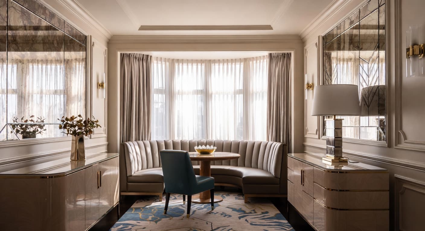 Streamline Moderne breakfast nook interior design - featuring streamline moderne style furniture, decor, colors, and layout ideas for your breakfast nook