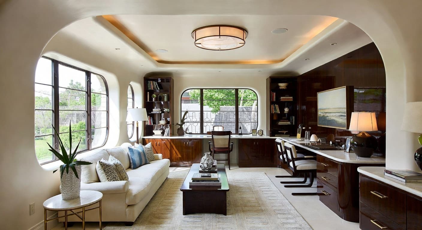 Streamline Moderne craft room / studio interior design - featuring streamline moderne style furniture, decor, colors, and layout ideas for your craft room / studio