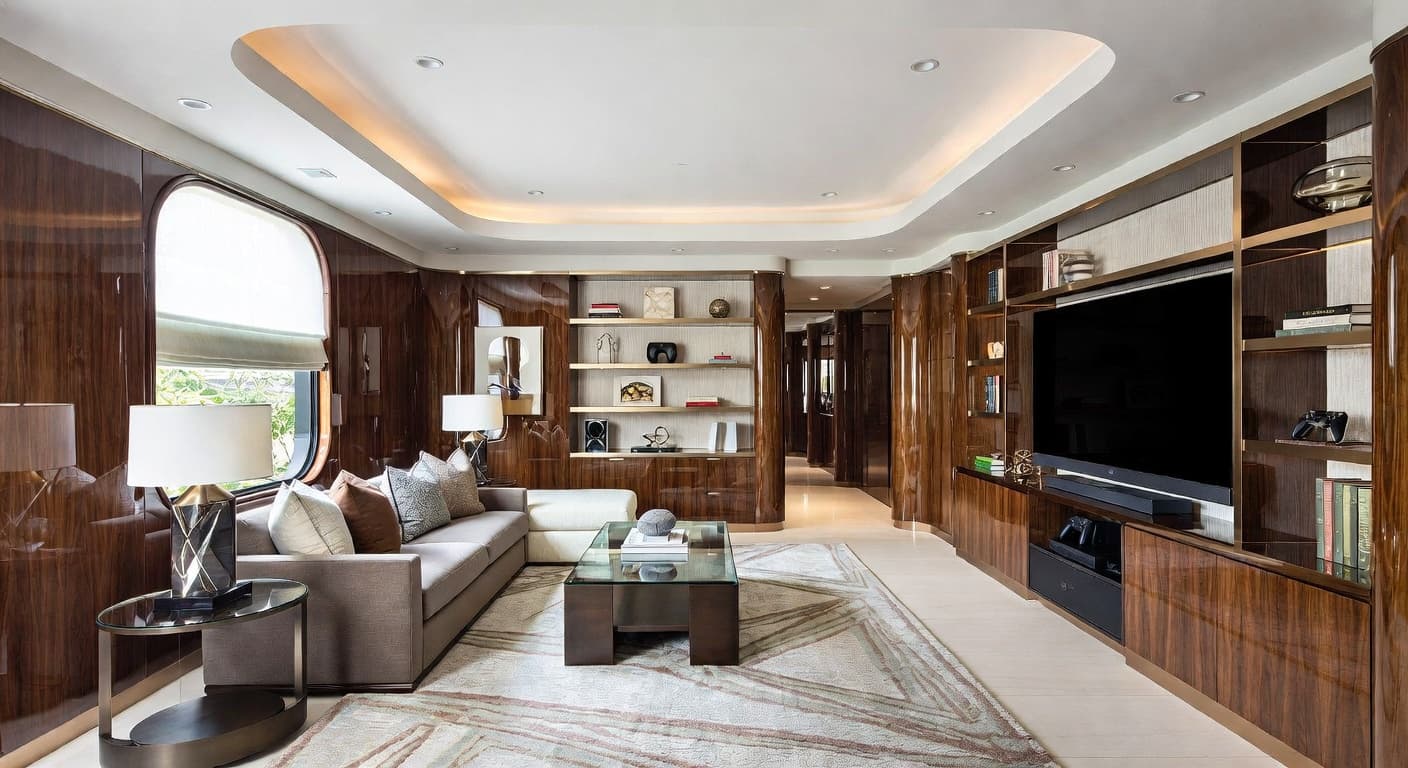 Streamline Moderne game room interior design - featuring streamline moderne style furniture, decor, colors, and layout ideas for your game room