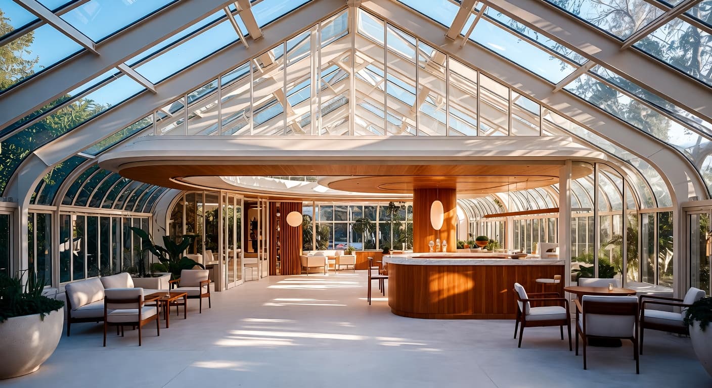 Streamline Moderne greenhouse interior design - featuring streamline moderne style furniture, decor, colors, and layout ideas for your greenhouse