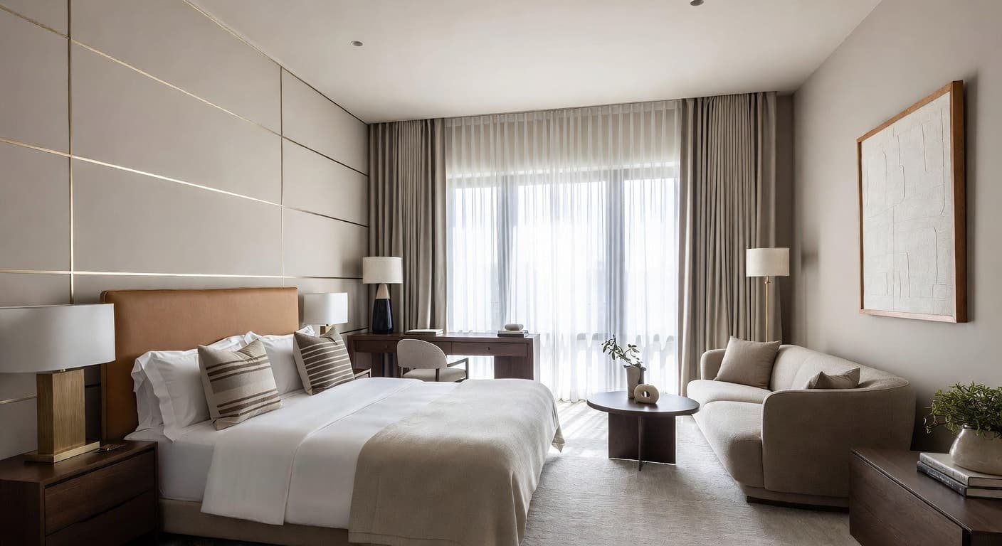 Streamline Moderne guest room interior design - featuring streamline moderne style furniture, decor, colors, and layout ideas for your guest room