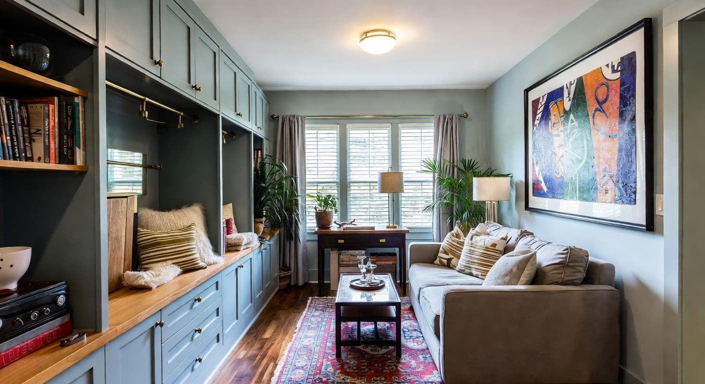 Streamline Moderne mudroom interior design - featuring streamline moderne style furniture, decor, colors, and layout ideas for your mudroom