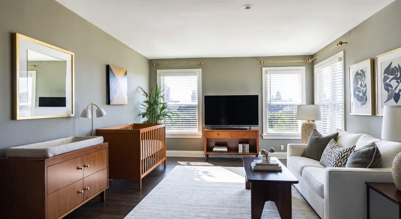 Streamline Moderne nursery interior design - featuring streamline moderne style furniture, decor, colors, and layout ideas for your nursery