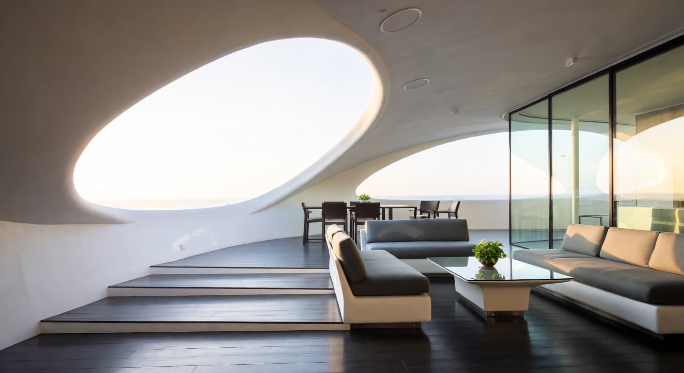 Streamline Moderne outdoor space interior design - featuring streamline moderne style furniture, decor, colors, and layout ideas for your outdoor space