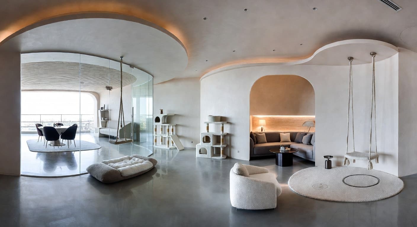 Streamline Moderne pet room interior design - featuring streamline moderne style furniture, decor, colors, and layout ideas for your pet room